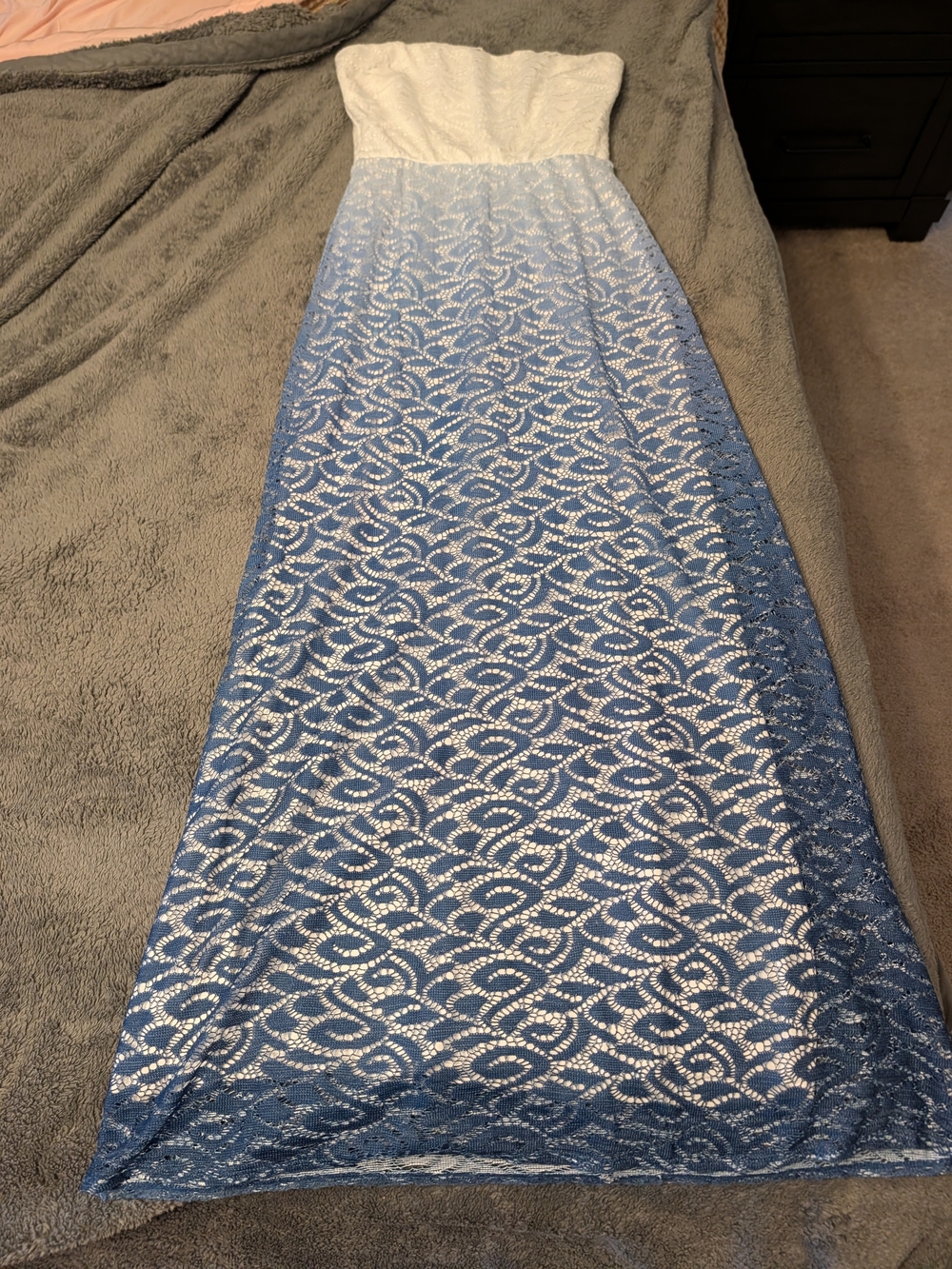 Bisou Bisou Strapless Ombre Lace Maxi Dress in White and Blue